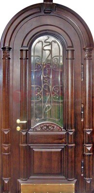 Арочная металлическая дверь массив со стеклом и ковкой ДА-50 в Подольске
