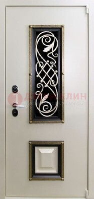 Белая стальная дверь с ковкой со стеклопакетом и МДФ ДК-30 в Подольске