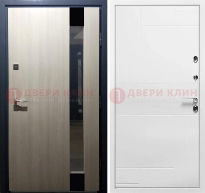 Светлая металлическая дверь МДФ с зеркальной вставкой  ДМ-329 в Подольске