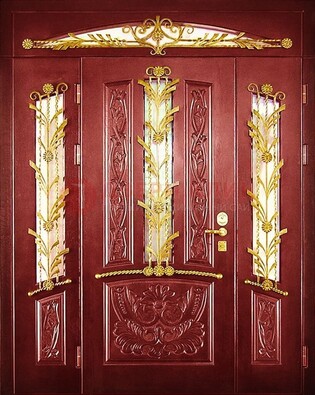 Бордовая железная парадная дверь со стеклом и ковкой ДПР-75 в Подольске