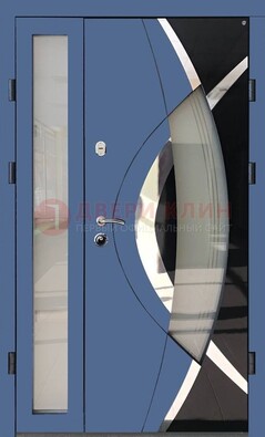 Синяя металлическая дверь со стеклом и узором ДС-13 в Подольске