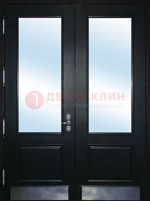 Черная двухстворчатая металлическая дверь со стеклом ДС-25 в Подольске