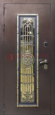 Железная дверь цвета медный антик со стеклом и ковкой ДСК-105 в Подольске