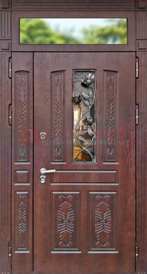 Коричневая железная дверь со стеклом и ковкой на улицу ДСК-127 в Подольске