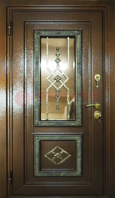 Теплая входная дверь со стеклом и ковкой разноцветной ДСК-13 в Подольске