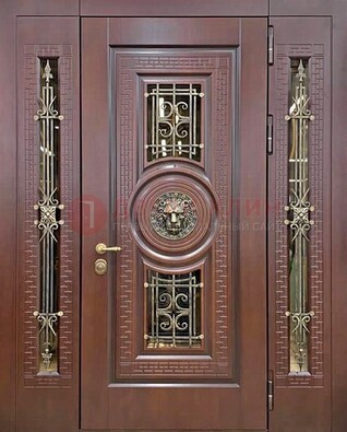 Коричневая стальная дверь со стеклом и ковкой ДСК-147 с фрамугами в Подольске
