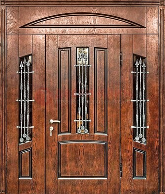Стальная дверь со стеклом и ковкой с фрамугами ДСК-149 коричневая в Подольске