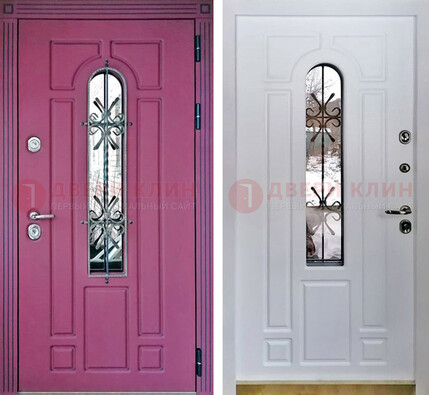 Розовая металлическая дверь со стеклом и ковкой ДСК-151 в Подольске