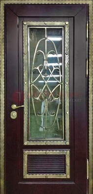 Темная уличная дверь порошок со стеклом и ковкой ДСК-167 в Челябинске