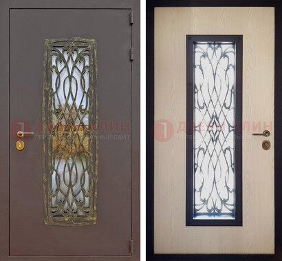 Уличная дверь порошок со стеклом и ковкой ДСК-168 коричневая в Мытищах