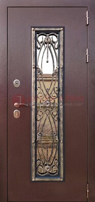 Коричневая стальная дверь порошок со стеклом и ковкой для дома ДСК-169 в Подольске