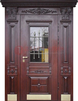 Железная парадная дверь массив дуба со стеклом и ковкой ДСК-175 в Подольске