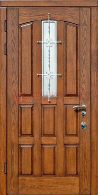 Стальная дверь со стеклом и ковкой для частного дома ДСК-192 в Талдоме