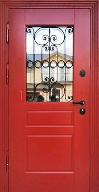 Красная железная дверь Винорит со стеклом и ковкой ДСК-205 в Подольске