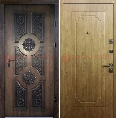 Железная коричневая дверь с виноритом и терморазрывом Золотой дуб внутри ДВТ-101 в Подольске