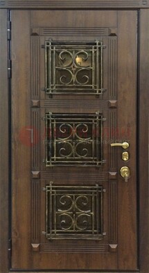 Коричневая металлическая дверь с виноритом и ковкой ДВТ-199 в Подольске