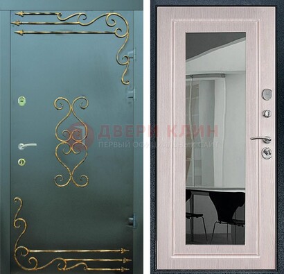 Железная темная дверь c порошковым напылением и МДФ Белый дуб с зеркалом ДЗ-110 в Подольске