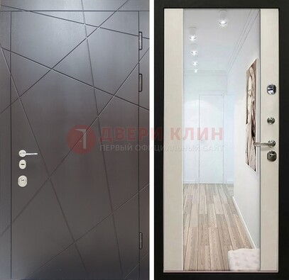 Железная коричневая дверь со светлой МДФ внутри и зеркалом ДЗ-125 в Подольске