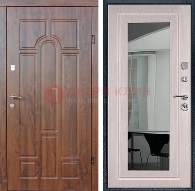 Входная коричневая дверь с МДФ Белый дуб и зеркалом ДЗ-126 в Подольске