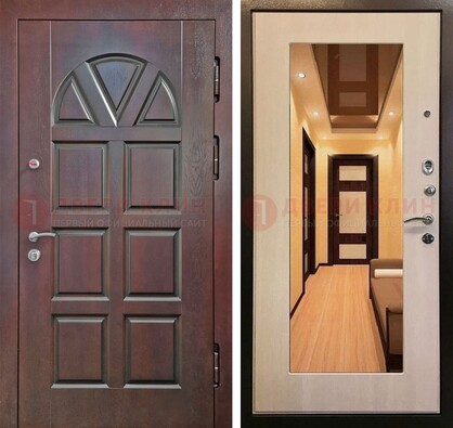 Темная железная дверь с МДФ и зеркалом в квартиру ДЗ-135 в Подольске