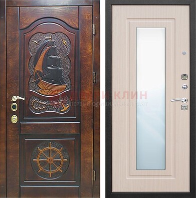 Темная уличная дверь с резьбой и зеркалом внутри ДЗ-49 в Подольске