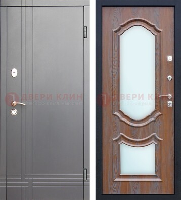 Серая входная дверь со светлой МДФ и зеркалами внутри ДЗ-77 в Подольске