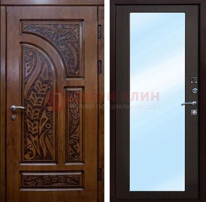 Коричневая входная дверь c узором и виноритом МДФ с зеркалом ДЗ-98 в Подольске
