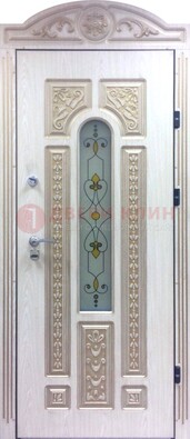 Белая железная дверь с МДФ и витражом ВЖ-26 в Подольске