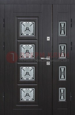 Чёрная двухстворчатая железная дверь с МДФ и витражом ВЖ-35 в Подольске
